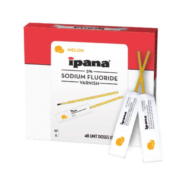 ipana 5% Sodium Fluoride Varnish - Melon 48x 0.3ml Doses per Box. White varnish with applicator