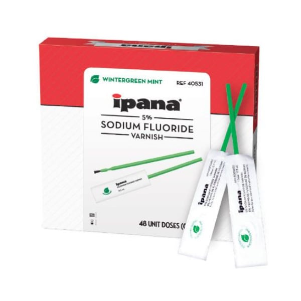 ipana 5% Sodium Fluoride Varnish - Wintergreen Mint 48x 0.3ml Doses per Box. White varnish