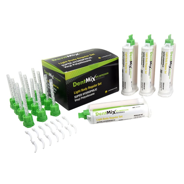 DentMix Light Body, Regular Set VPS Impression Material, Yellow, 4 - 50ml Cartridges and 12 Mixing