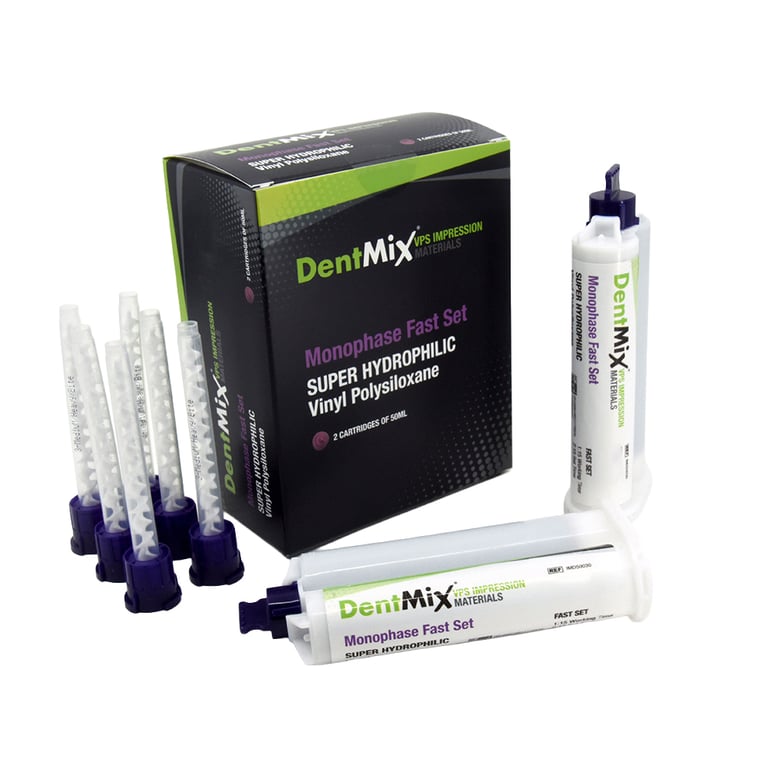 DentMix Monophase, Fast Set VPS Impression Material, Purple, 2 - 50ml Cartridges and 6 Mixing