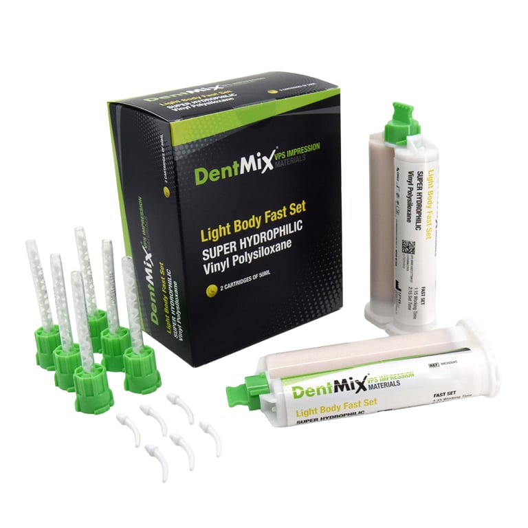 DentMix Light Body, Fast Set VPS Impression Material, Yellow, 2 - 50ml Cartridges and 6 Mixing
