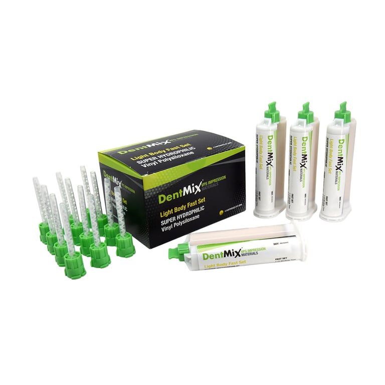 DentMix Light Body, Fast Set VPS Impression Material, Yellow, 4 - 50ml Cartridges and 12 Mixing