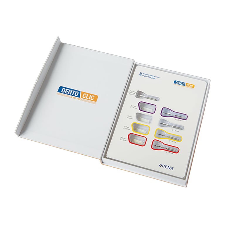 Dentoclic Glass Fiber Post Translucent Kit. Includes 6 purple 1mm, 6 white 1.2mm, 4 yellow 1.3mm