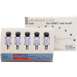 IPS e.max CAD CEREC Ivoclar MO Block, Shade 1 Size A14(L) 5/Pk. is a system of lithium disilicate