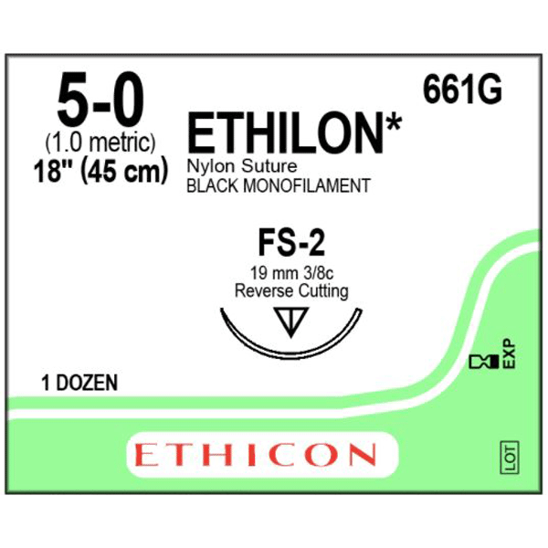 Ethicon Ethilon 5/0, 18" Black Monofilament Non-Absorbable Nylon Suture, 12/Box. Reverse cutting