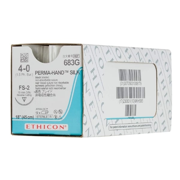 Ethicon Perma-Hand 4/0, 18" Silk Black Braided Non-Absorbable Suture, 12/Box. Reverse cutting FS-2