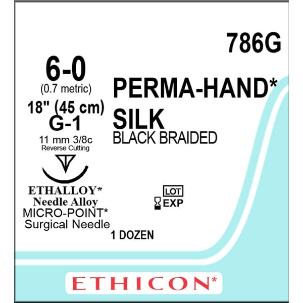 Ethicon Perma-Hand 6/0, 18" Silk Black Braided Non-Absorbable Suture, 12/Box. Double Armed Reverse