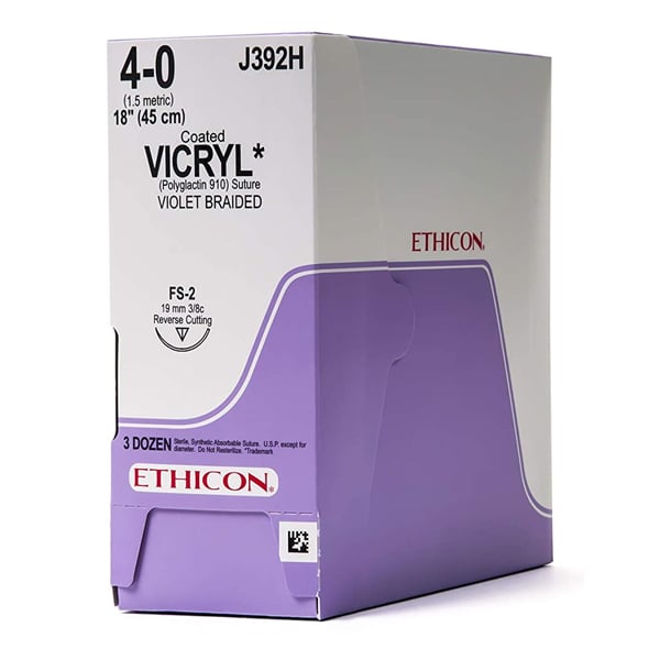 Ethicon Vicryl 4/0, 18" Coated Vicryl Violet Braided Absorbable Suture with Reverse Cutting FS-2