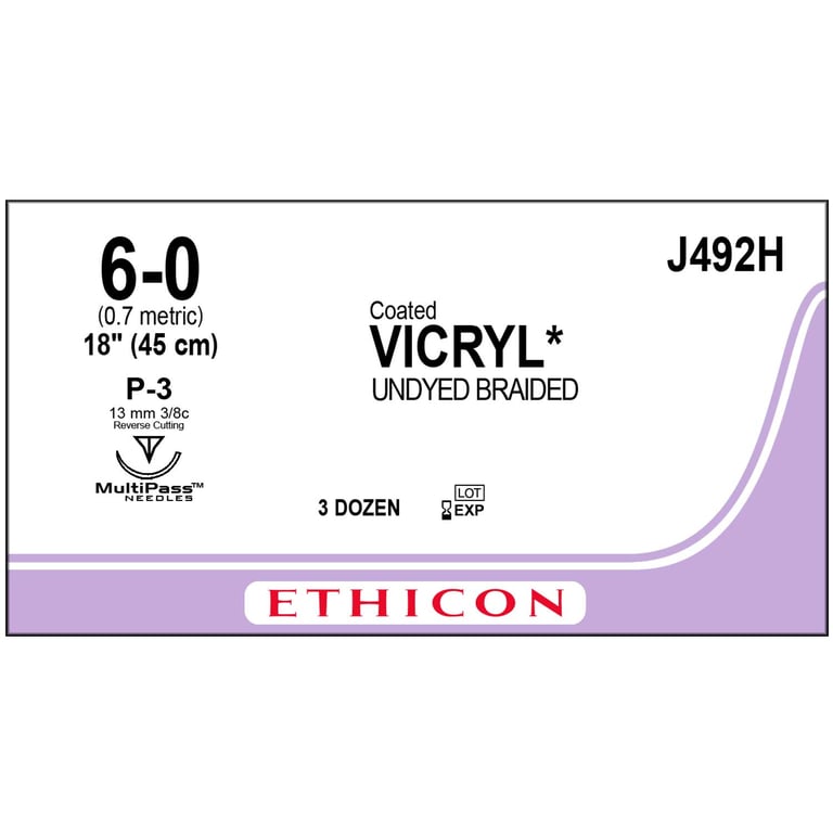 Ethicon Vicryl 6/0, 18" Coated Vicryl Undyed Braided Absorbable Suture with Precision (J492H)