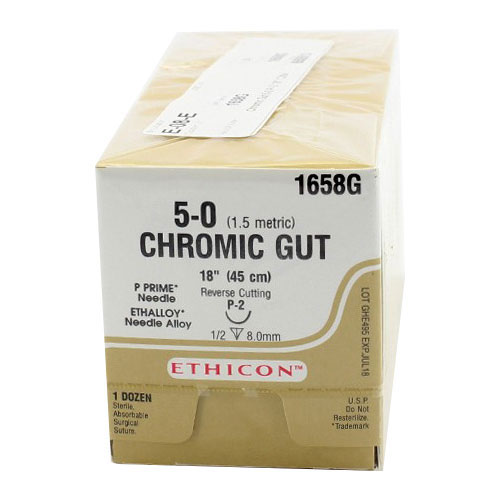 Ethicon 5/0, 18" Chromic Gut Absorbable Suture with Precision Point Reverse Cutting P-2 Needle