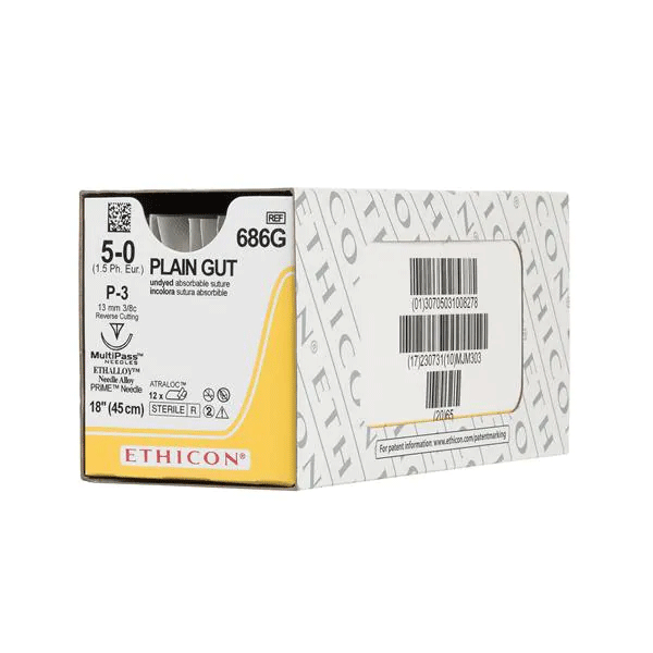 Ethicon 5/0, 18" Plain Gut Absorbable Suture, Yellowish Tan, 12/Box. Edge prime reverse cutting