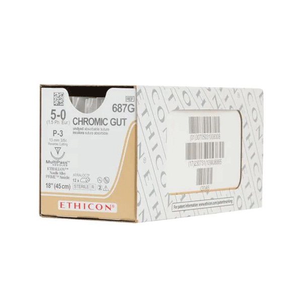 Ethicon 5/0, 18" Chromic Gut Undyed Absorbable Suture, 12/Box. Prime reverse cutting P-3 needle