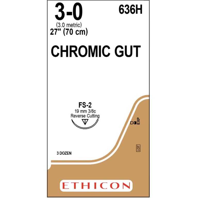 Ethicon 3/0, 27" Chromic Gut Absorbable Suture with Reverse Cutting FS-2 Needle (3/8 circle), Box