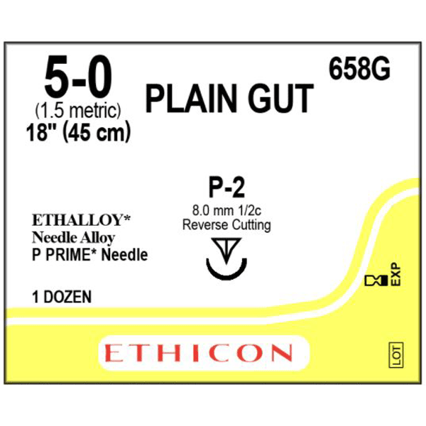 Ethicon 5/0, 18" Plain Gut Absorbable Suture, Yellowish Tan, 12/Box. Precision point reverse
