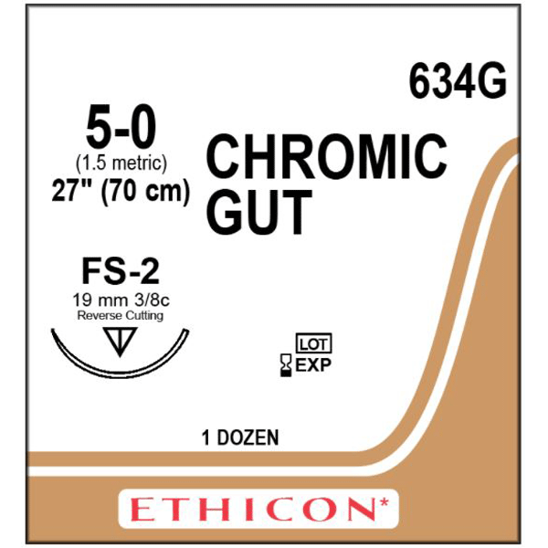 Ethicon 5/0, 27" Chromic Gut Absorbable Suture, 12/Box. Reverse cutting FS-2 needle