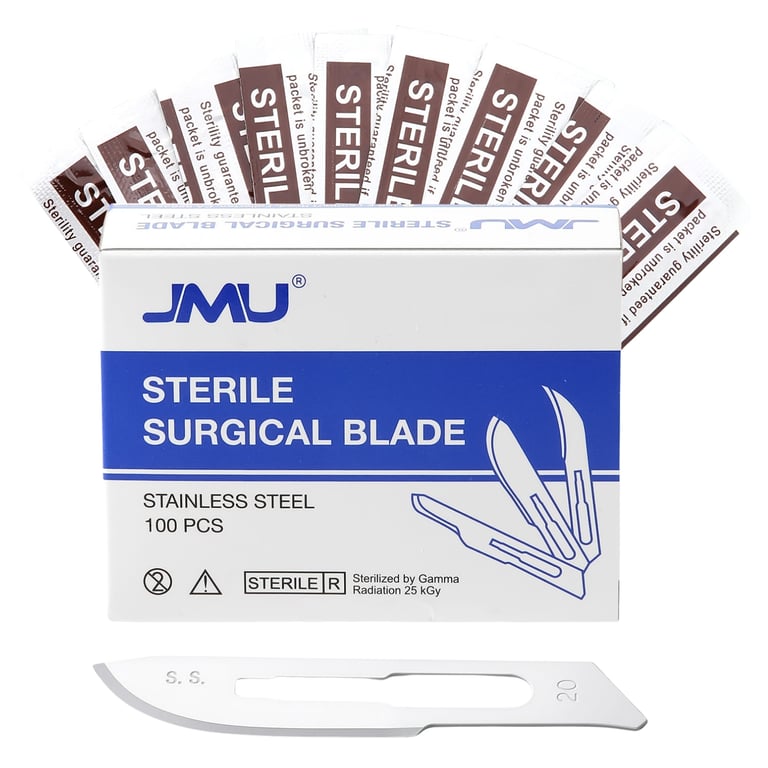 JMU #20 Stainless Steel Surgical Blade, Sterile, 100/Box. Executes precise soft tissue incisions