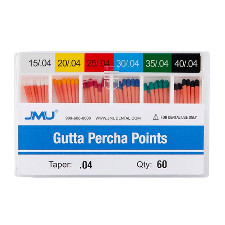 JMU Gutta Percha Points, #15-40, Taper Size 0.04, 60/Pk. Color-coded, Spill-proof box packing