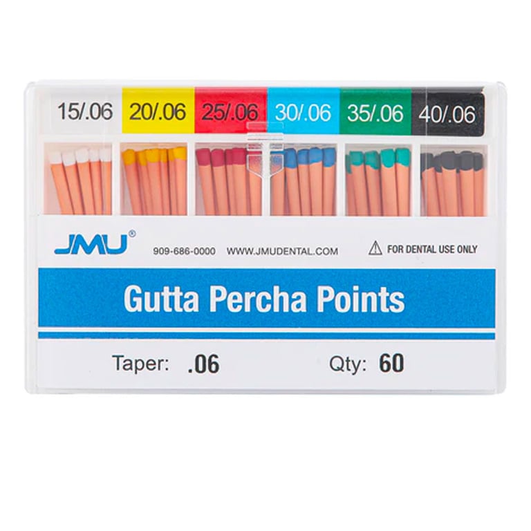 JMU Gutta Percha Points, #15-40, Taper Size 0.06, 60/Pk. Color-coded, Spill-proof box packing
