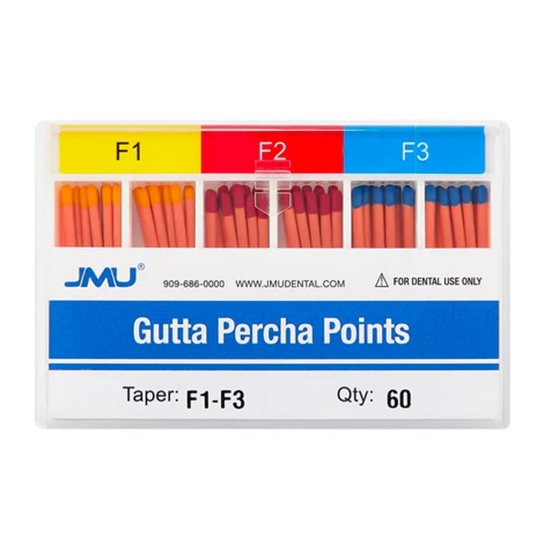 JMU Gutta Percha Points, #F1-F3, 60/Pk. Color-coded, Spill-proof box packing. Uniform