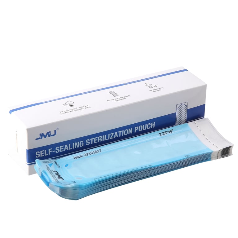 JMU 2.25" x 9" (1.58" x 6.8") Self-Sealing Sterilization Pouches, 200/Pk. Features dual