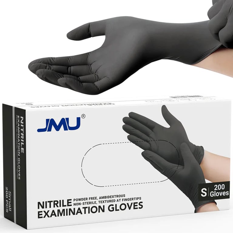 JMU Nitrile Examination Gloves, Powder-Free, Black, Small, 200/Box. Non-sterile, Ambidextrous