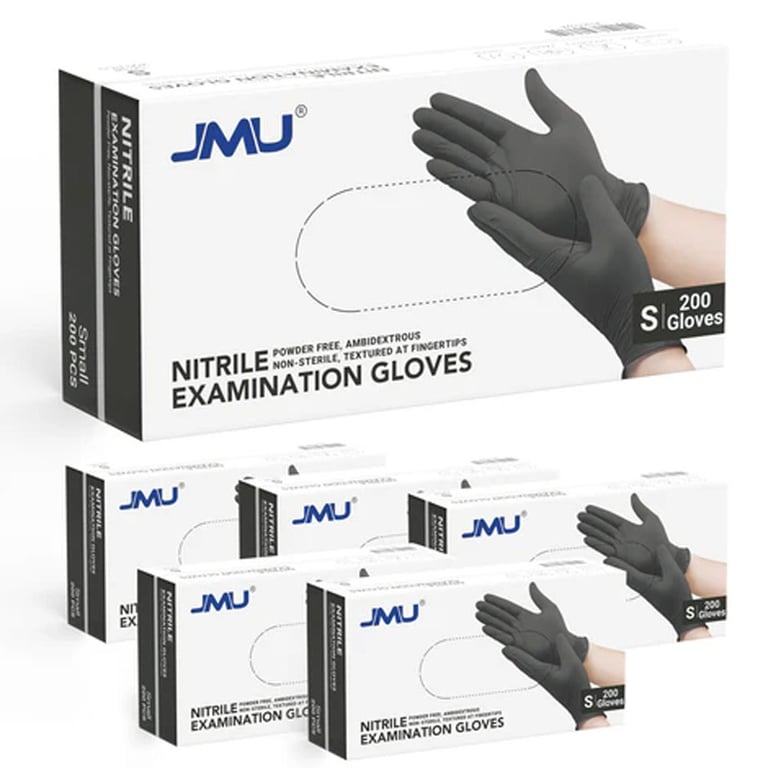 JMU Nitrile Examination Gloves, Powder-Free, Black, Small, 1200/Case. Non-sterile, Ambidextrous