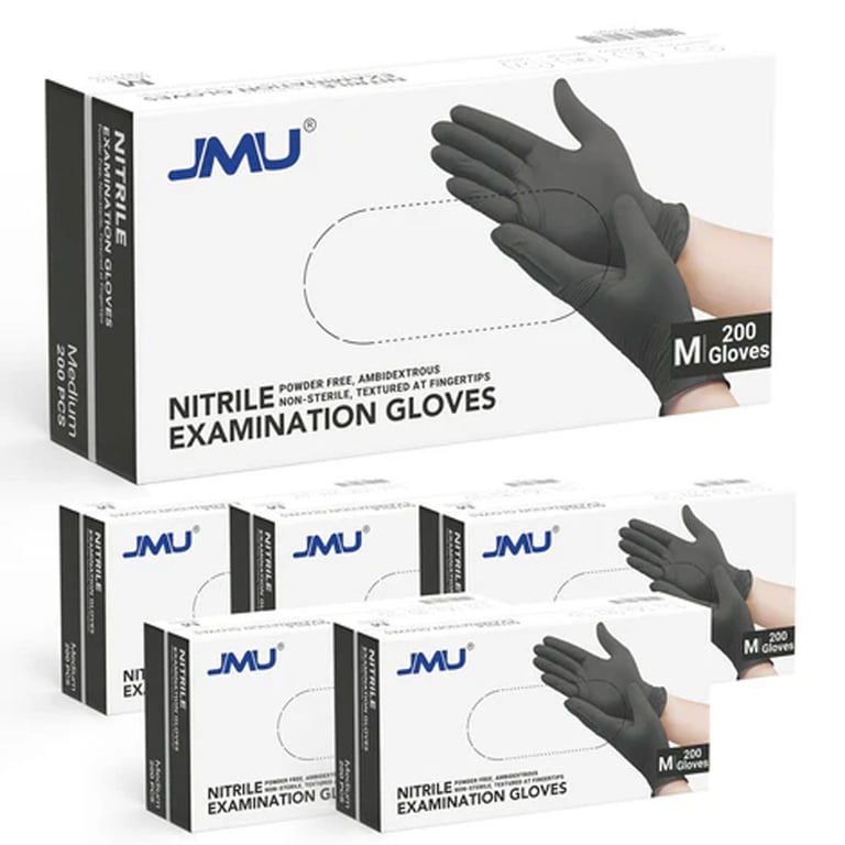 JMU Nitrile Examination Gloves, Powder-Free, Black, Medium, 1200/Case. Non-sterile, Ambidextrous