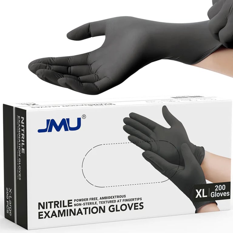 JMU Nitrile Examination Gloves, Powder-Free, Black, X-Large, 200/Box. Non-sterile, Ambidextrous