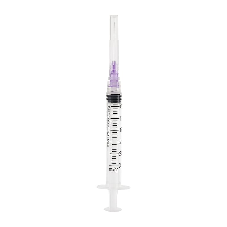 JMU 30 ga Irrigation Syringes with Tips, Purple, Notched Type, 3 cc Capacity, 100/Pk. Feature Luer