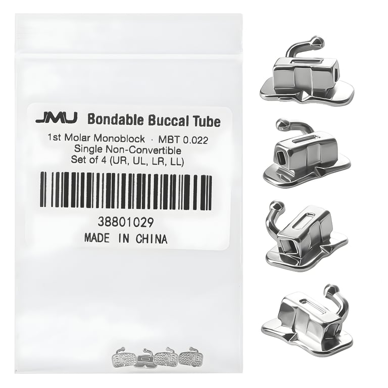 JMU Bondable 1st Molar Buccal Tubes, MBT 0.022, Monoblock, Set of 4. Single non-convertible tubes