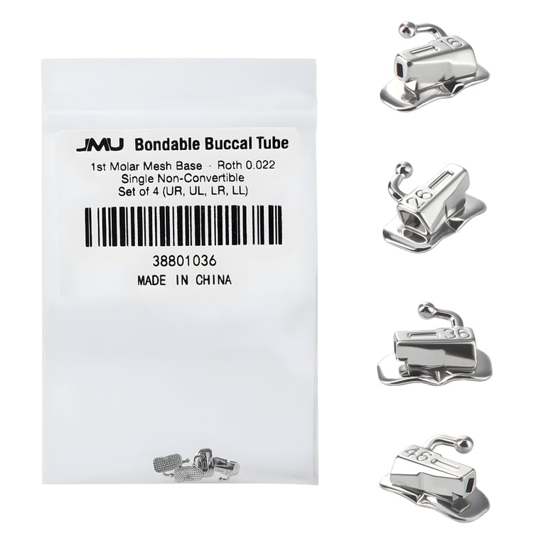 JMU Bondable 1st Molar Buccal Tubes, Roth 0.022, Mesh Base, Set of 4. Single non-convertible tubes