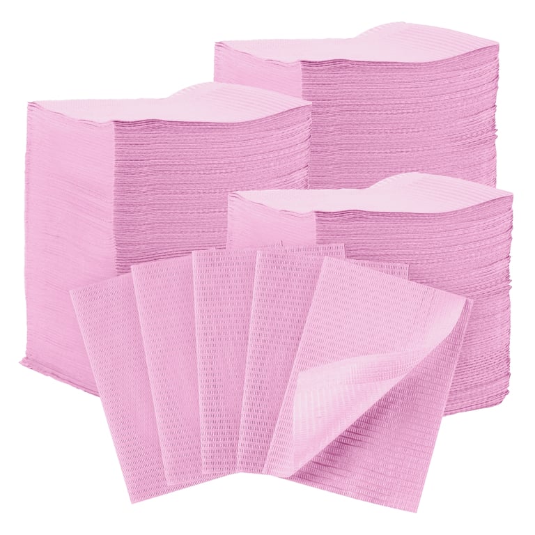 JMU 13" x 18" Patient Bibs, 3-Ply Paper/1-Ply Poly, Pink, 500/Case. Three absorbent tissue layers