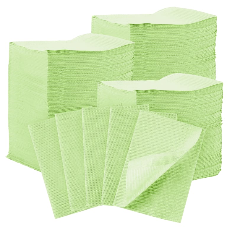 JMU 13" x 18" Patient Bibs, 3-Ply Paper/1-Ply Poly, Green, 500/Case. Three absorbent tissue layers