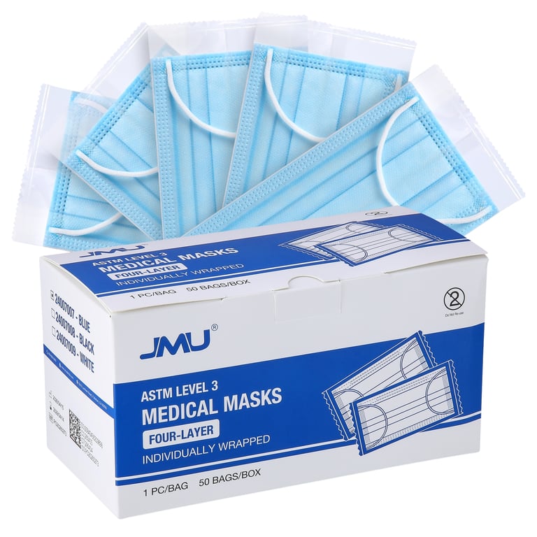 JMU 4-Ply ASTM Level 3 Earloop Medical Masks, Adult Size, Blue, 50/Box. Fluid-resistant four-layer