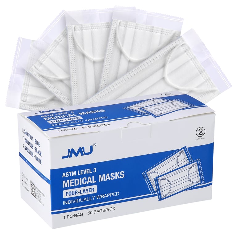 JMU 4-Ply ASTM Level 3 Earloop Medical Masks, Adult Size, White, 50/Box. Fluid-resistant