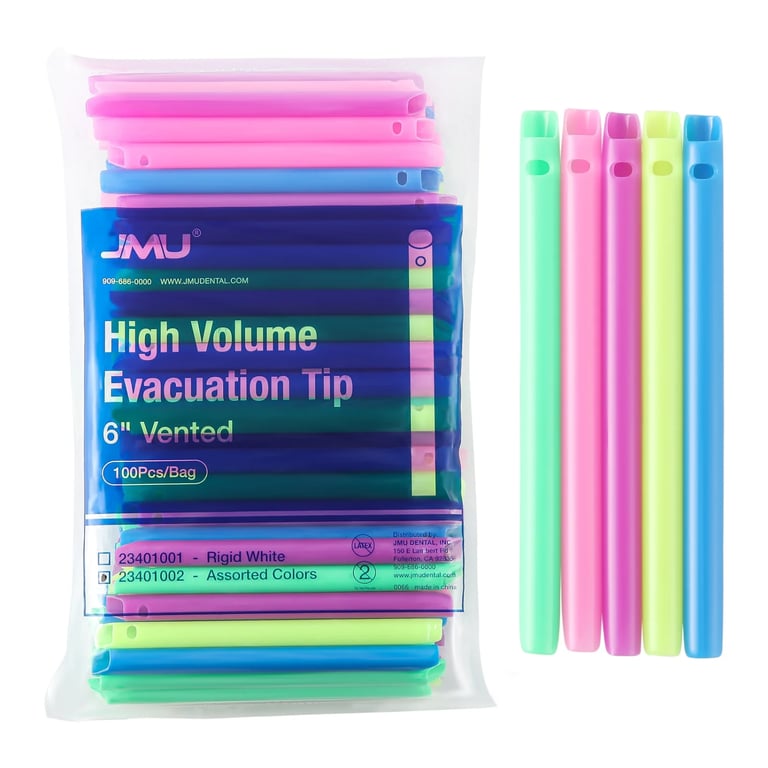 JMU 6" PVC High Volume Evacuation Tip, Rigid, Assorted Colors, 1000/Pk. Features a vented format
