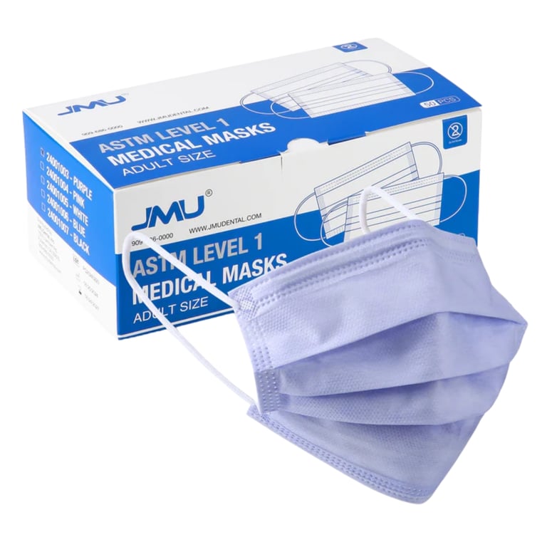 JMU ASTM Level 1 Medical Earloop Masks, Purple, Adult Size, 50/Pk. Feature a 3-ply construction: 2