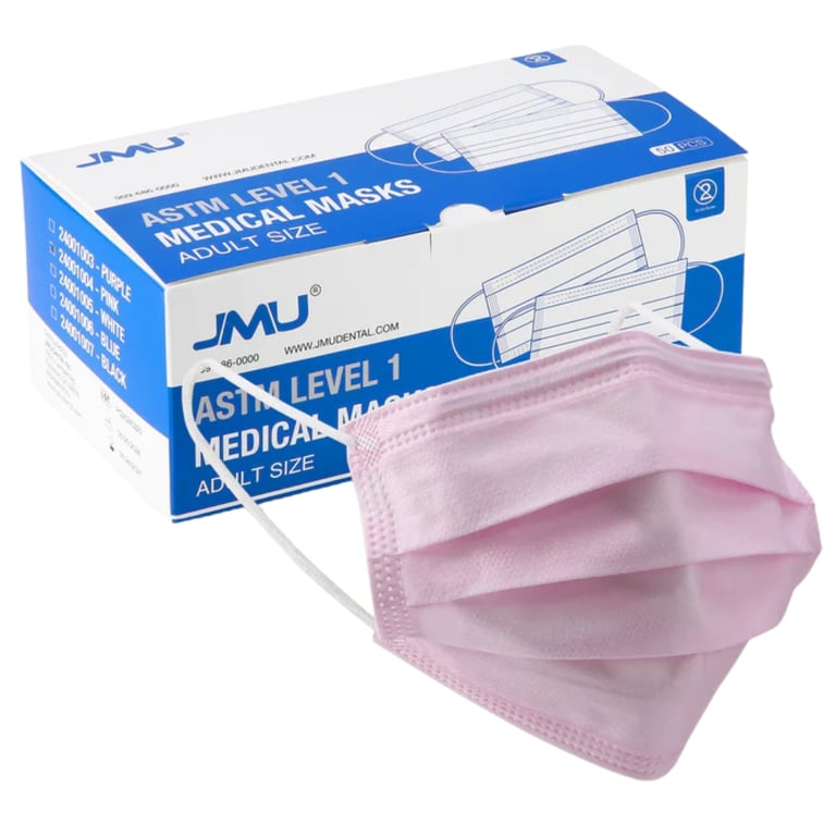 JMU ASTM Level 1 Medical Earloop Masks, Pink, Adult Size, 50/Pk. Feature a 3-ply construction: 2