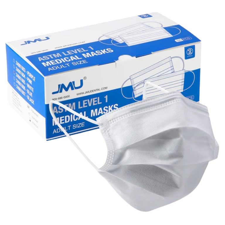 JMU ASTM Level 1 Medical Earloop Masks, White, Adult Size, 50/Pk. Feature a 3-ply construction: 2