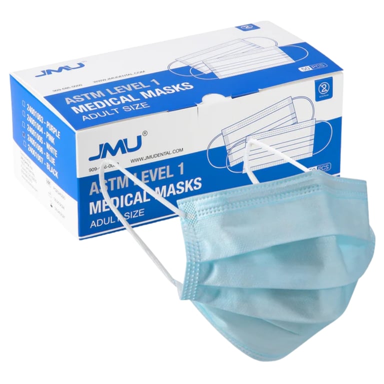JMU ASTM Level 1 Medical Earloop Masks, Blue, Adult Size, 50/Pk. Feature a 3-ply construction: 2