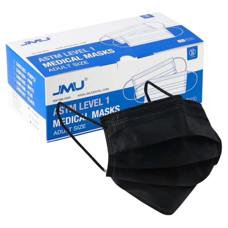 JMU ASTM Level 1 Medical Earloop Masks, Black, Adult Size, 50/Pk. Feature a 3-ply construction: 2