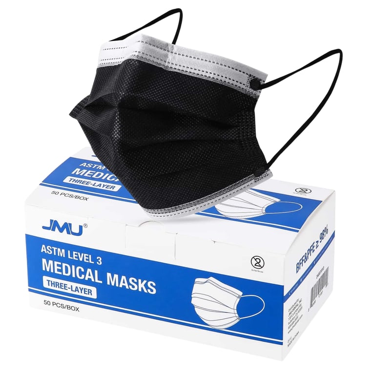 JMU ASTM Level 3 Earloop Medical Masks, 3-Ply, Adult Size, Black, 50/Pk. Two nonwoven outer layers