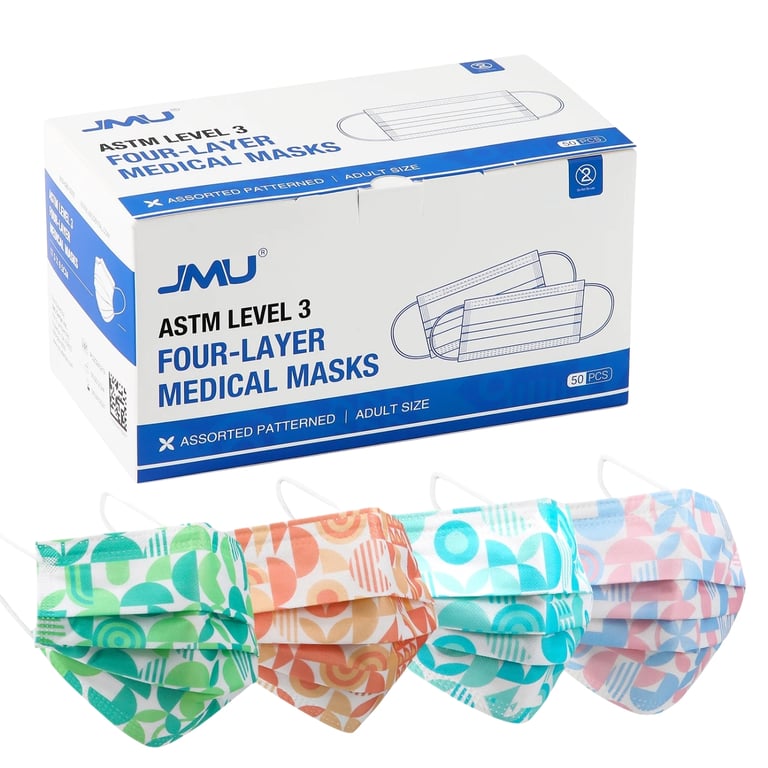JMU ASTM Level 3 Medical Masks, Assorted Patterned, Adult Size, 50/Pk. Feature 4-ply construction