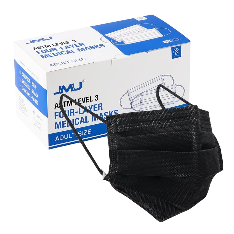 JMU ASTM Level 3 Medical Masks, Black, Adult Size, 50/Pk. Feature 4-ply construction: 3 nonwoven