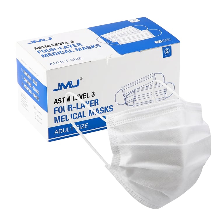 JMU ASTM Level 3 Medical Masks, White, Adult Size, 50/Pk. Feature 4-ply construction: 3 nonwoven