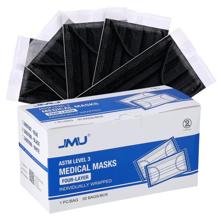 JMU Dental 4-Ply ASTM Level 3 Earloop Medical Masks, Adult Size, Black, 50/Box. Fluid-resistant