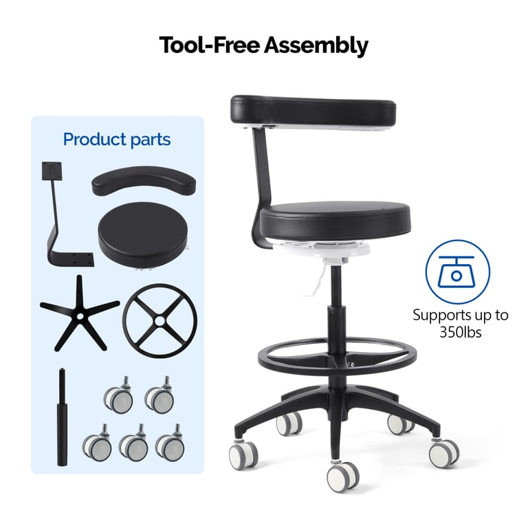 JMU Dental Assistant Stool, Black, 1/Pk