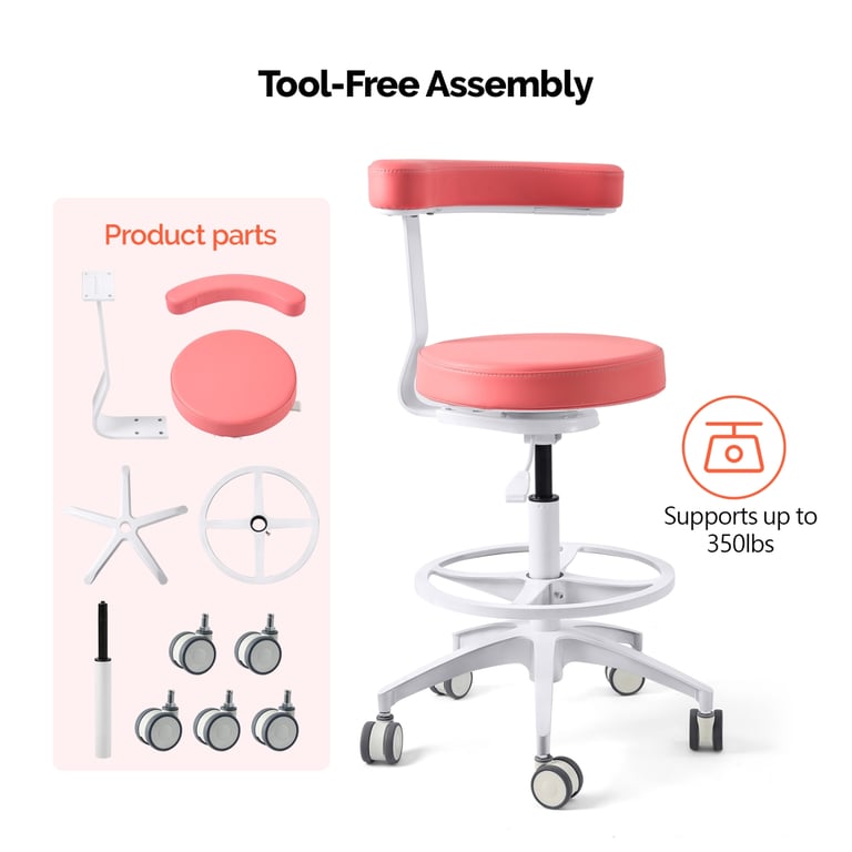 JMU Dental Assistant Stool, Pink, 1/Pk