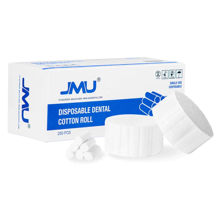 JMU Cotton Roll 250/Box. They are made of 100% cotton, 1.5 inches long, and are 0.375 inch thick