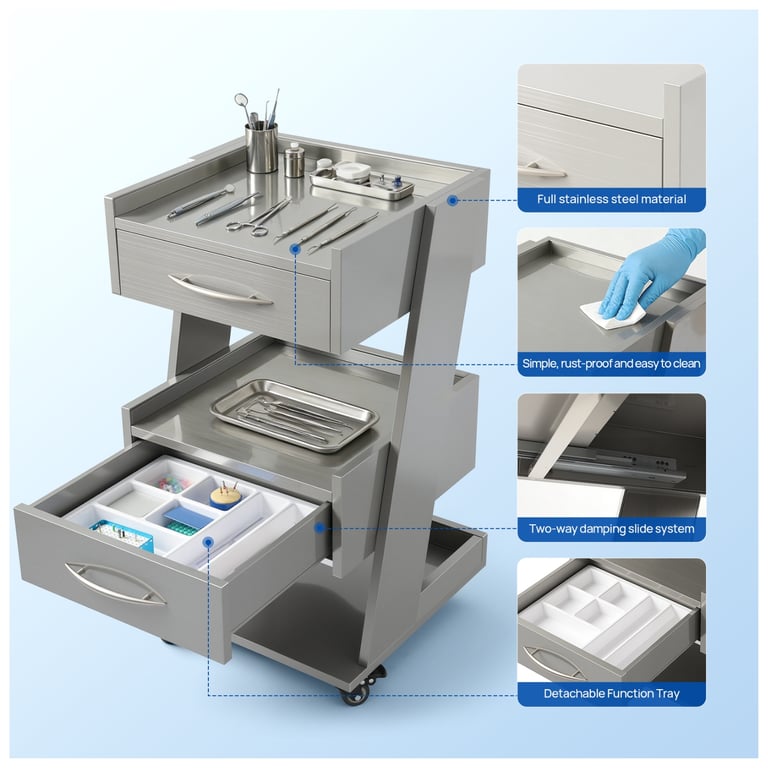 JMU Dental Stainless Steel Cabinet, 3-Tier 2-Draw